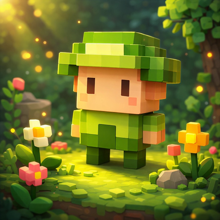 A blocky Bloomfall gardener surrounded by flowers in a glowing green garden